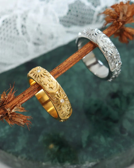Star Moon Shaped Sparkling Zircon Design Ring Titanium Steel Handmade Jewelry for Girls